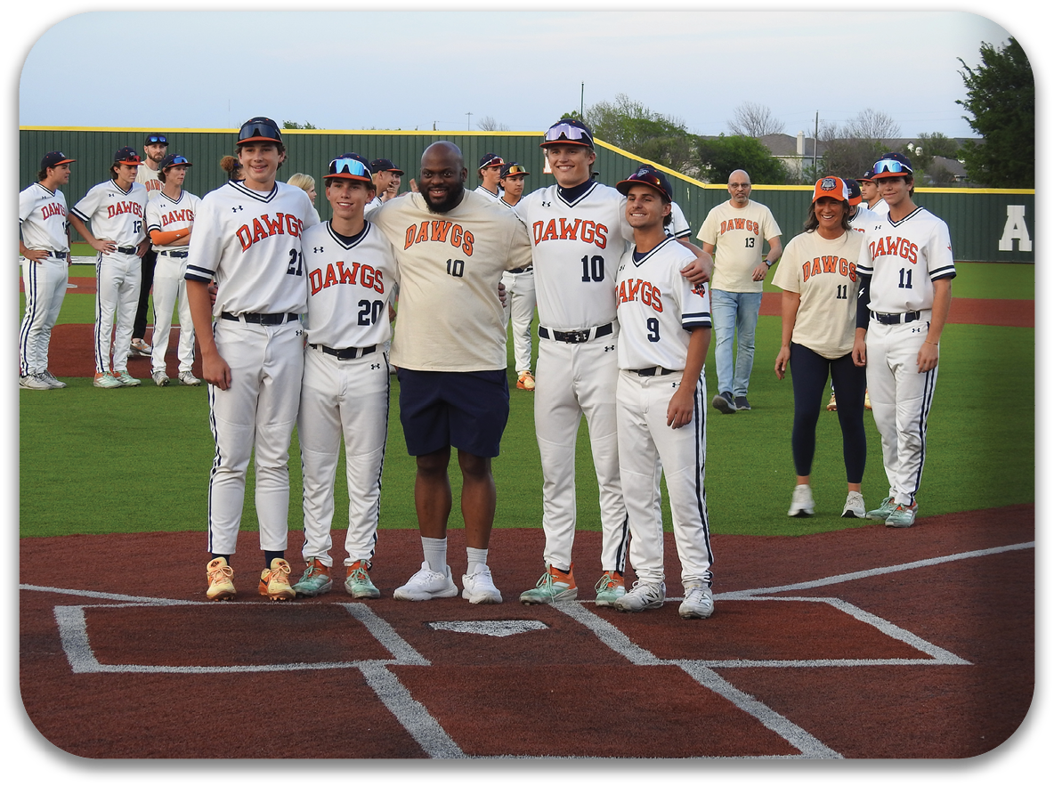 Baseball players and coaches pose for a photo on the field. Contenido generado con IA