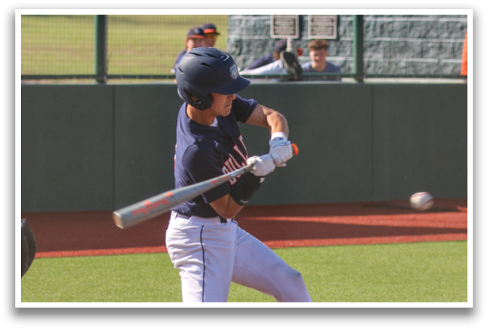 A baseball player in a blue shirt and white pants is swinging a bat at a ball. Contenido generado con IA