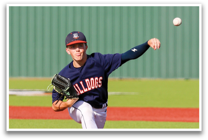 A baseball player in a blue and orange shirt is pitching a ball. Contenido generado con IA