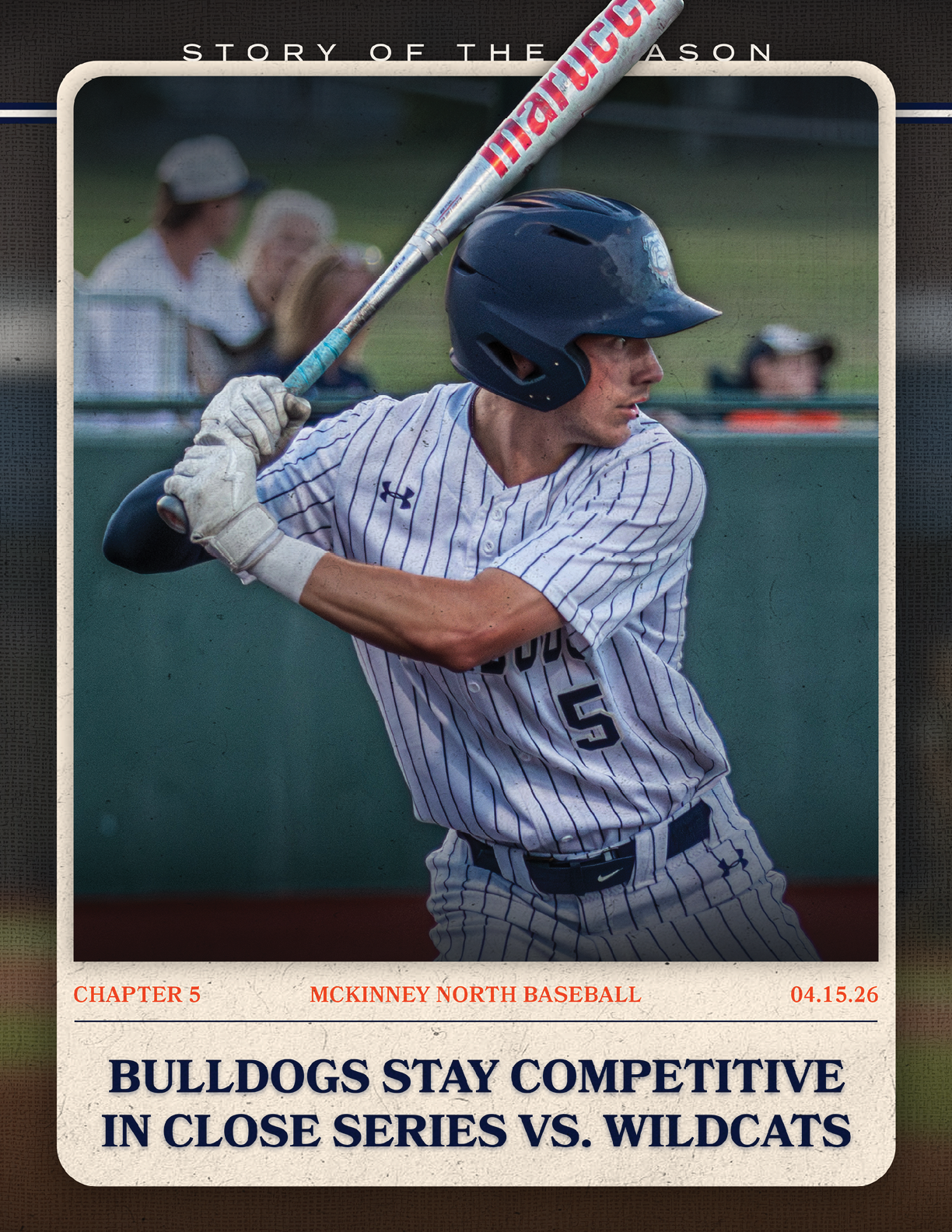A baseball player in a blue helmet and white uniform is holding a bat, ready to swing. Contenido generado con IA