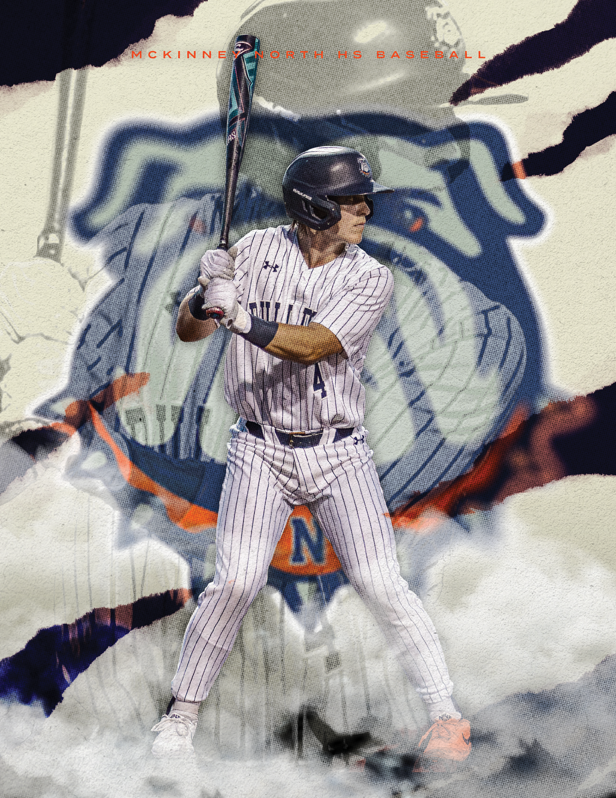 A baseball player in a white and blue uniform is holding a bat, ready to swing. Contenido generado con IA