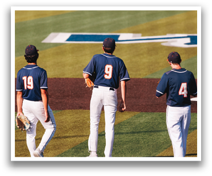 Three baseball players wearing blue uniforms are standing on a field. Contenido generado con IA