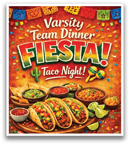 A colorful advertisement for a team dinner featuring Mexican food. Contenido generado con IA
