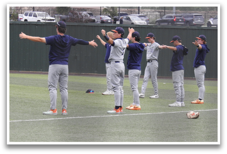 A group of men are standing on a field, wearing baseball uniforms and practicing their baseball swings. Contenido generado con IA