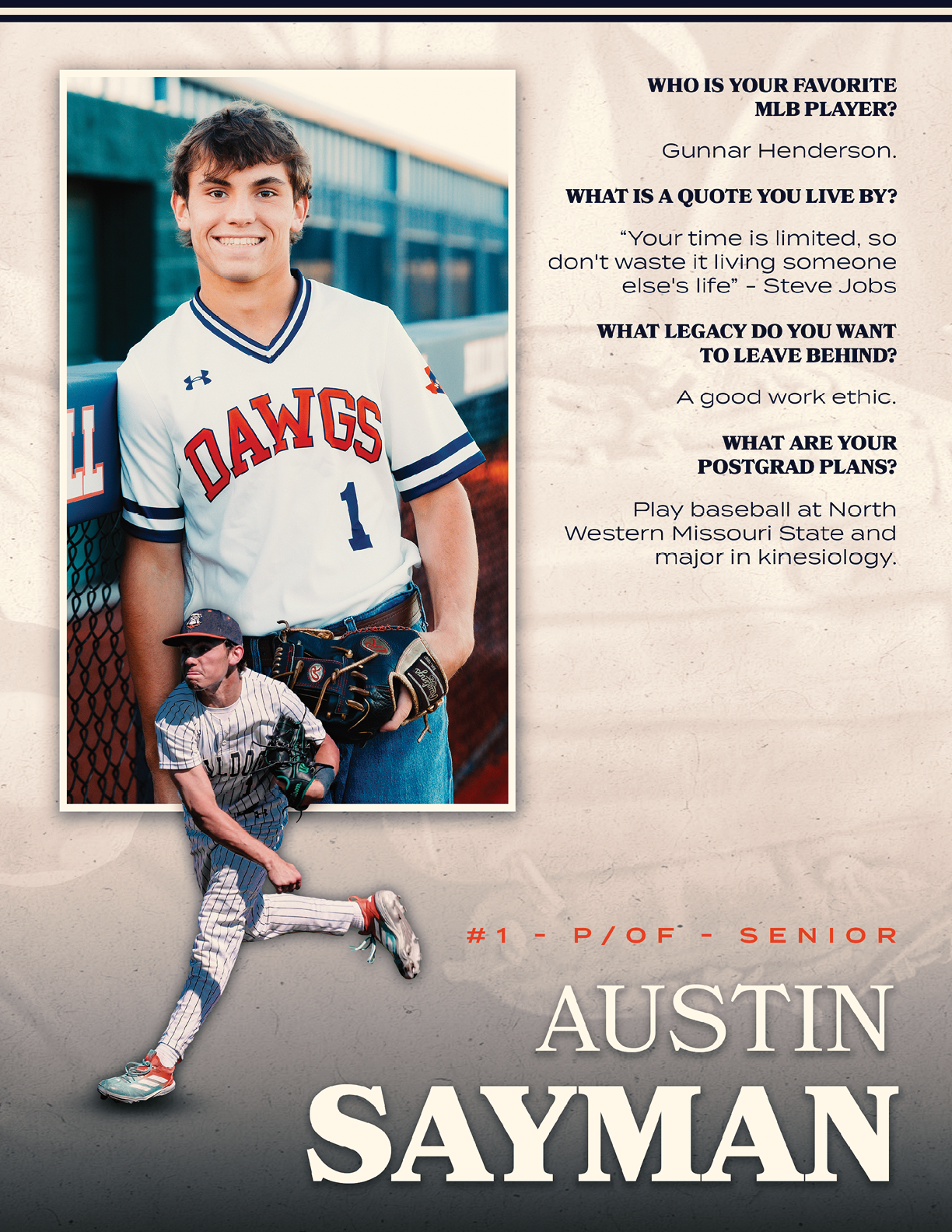 A young man wearing a baseball uniform poses for a picture. Contenido generado con IA