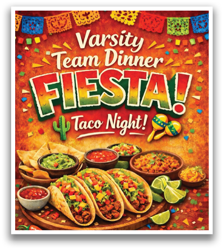 A colorful advertisement for a team dinner featuring Mexican food. Contenido generado con IA