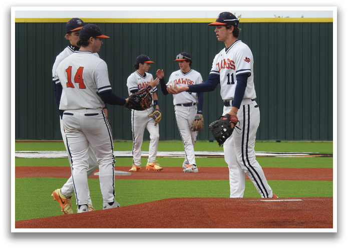 Baseball players on a field, one of them wearing a number 14 jersey, shaking hands with another player. Contenido generado con IA