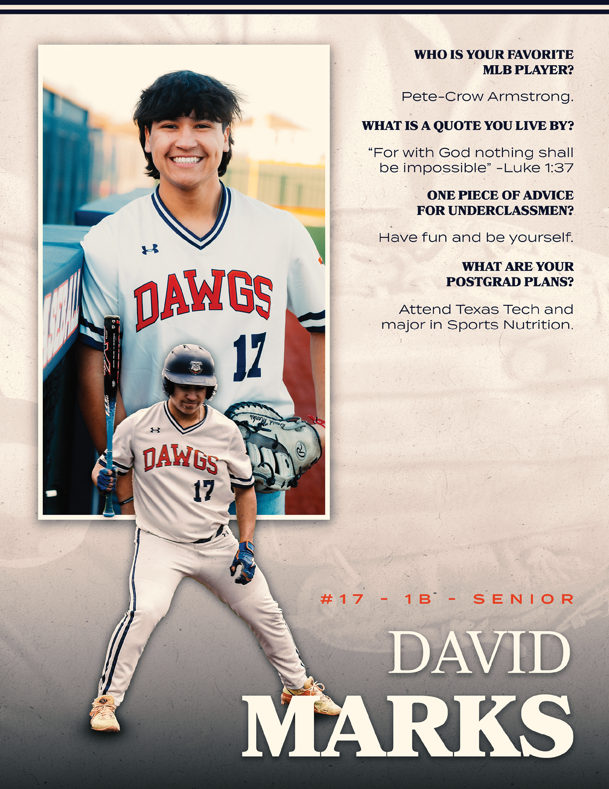 A young man wearing a baseball uniform and holding a bat is featured on a poster. Contenido generado con IA