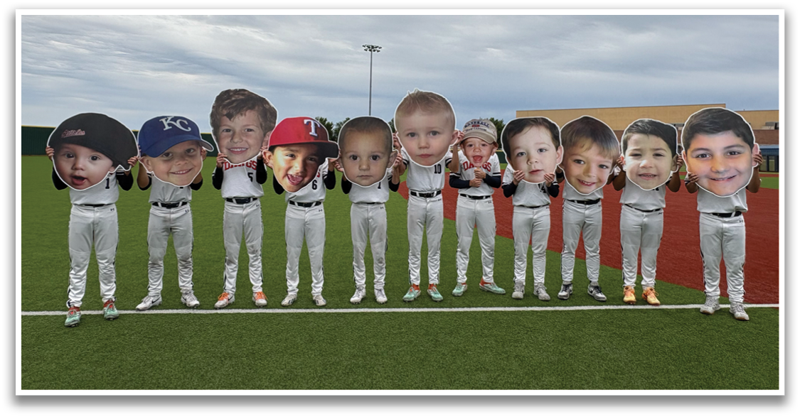 A group of people holding up cardboard cutouts of children. Contenido generado con IA