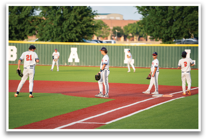 Baseball players on a field, some standing and some kneeling, with a baseball bat and glove. Contenido generado con IA