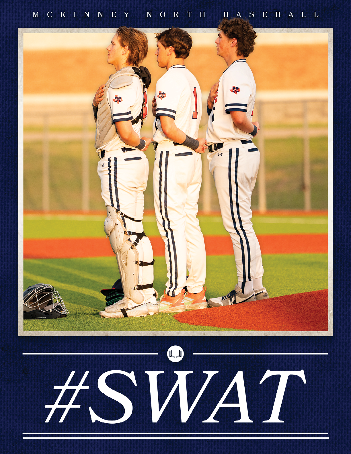 Three baseball players standing on the field, one of them is wearing a catcher's mitt. Contenido generado con IA