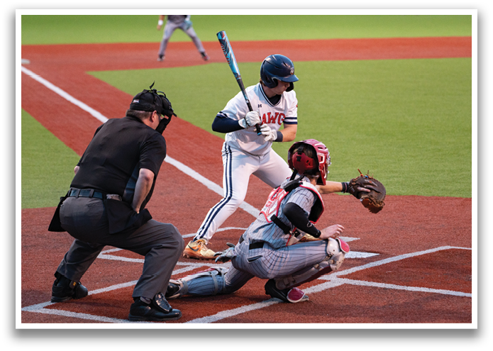 A baseball player is swinging a bat at a ball, while a catcher and an umpire watch closely. Contenido generado con IA