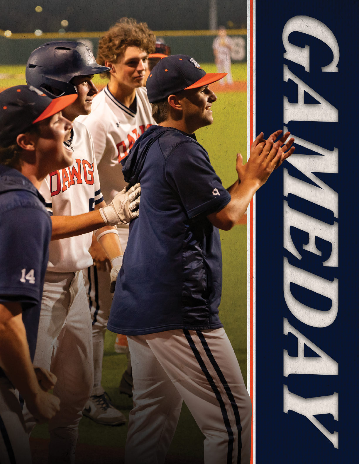 A group of baseball players on the field with one of them clapping. Contenido generado con IA