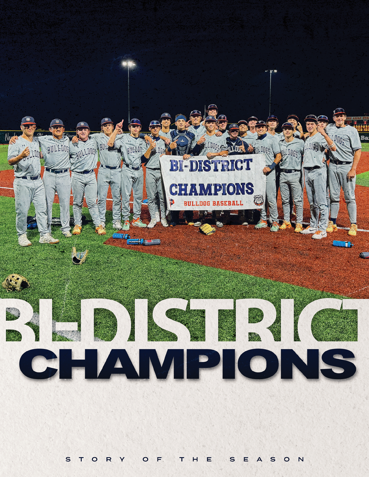 A baseball team poses for a photo with a banner that reads “B-District Champions." Contenido generado con IA