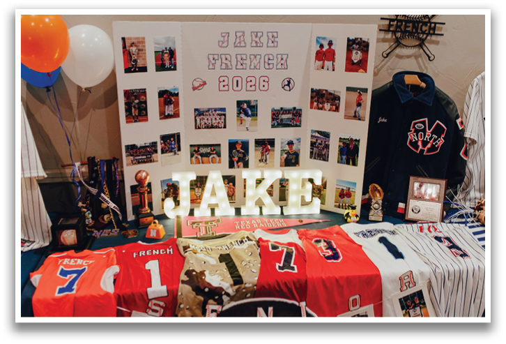 A display of sports jerseys and memorabilia, including a sign that says “Jake 2008." Contenido generado con IA
