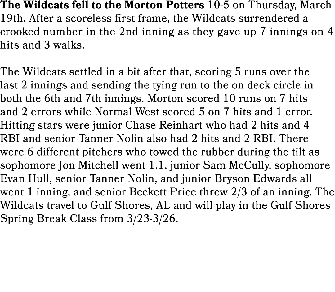 The Wildcats fell to the Morton Potters 10 5 on Thursday, March 19th. After a scoreless first frame, the Wildcats sur...