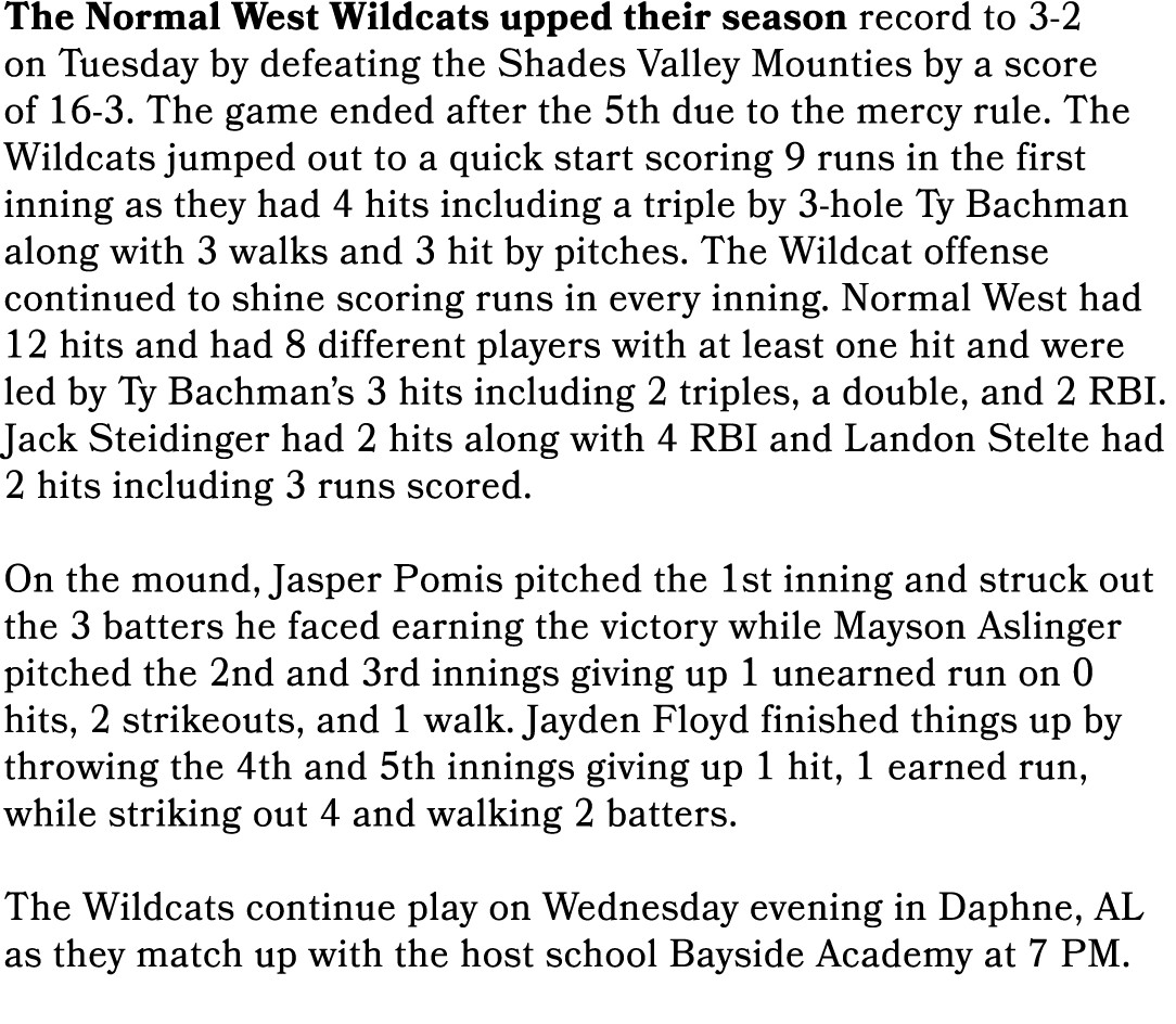 The Normal West Wildcats upped their season record to 3 2 on Tuesday by defeating the Shades Valley Mounties by a sco...