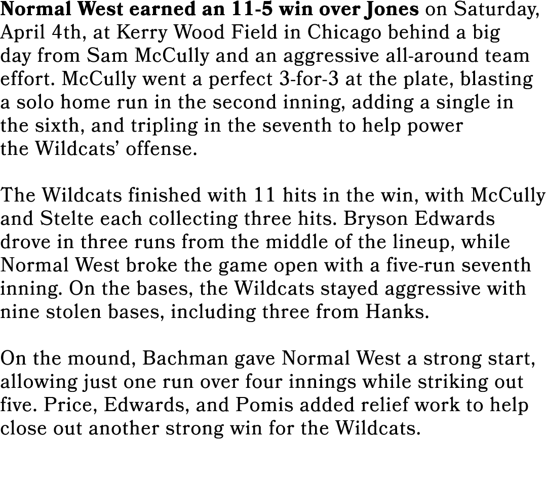 Normal West earned an 11 5 win over Jones on Saturday, April 4th, at Kerry Wood Field in Chicago behind a big day fro...