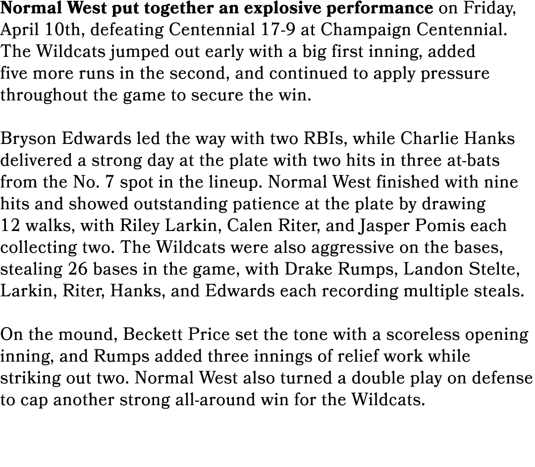 Normal West put together an explosive performance on Friday, April 10th, defeating Centennial 17 9 at Champaign Cente...