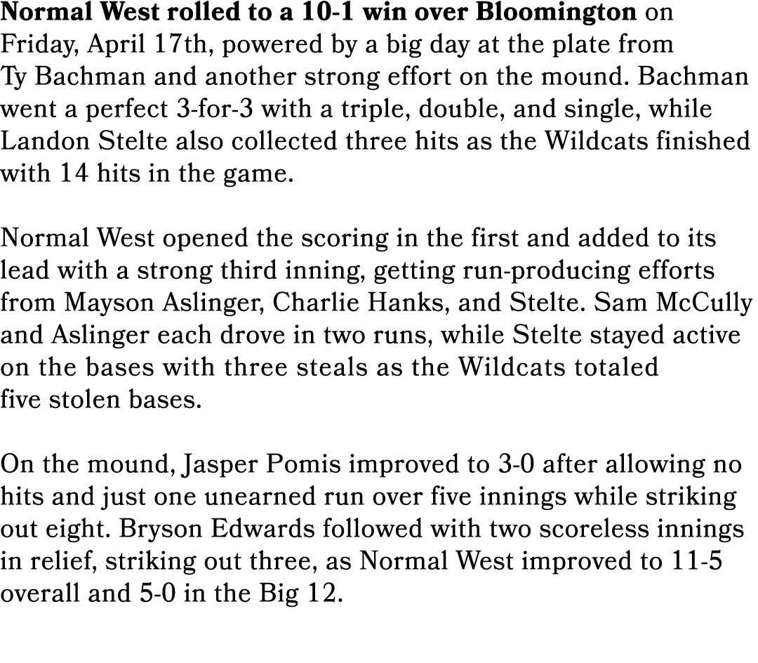 Normal West rolled to a 10 1 win over Bloomington on Friday, April 17th, powered by a big day at the plate from Ty Ba...