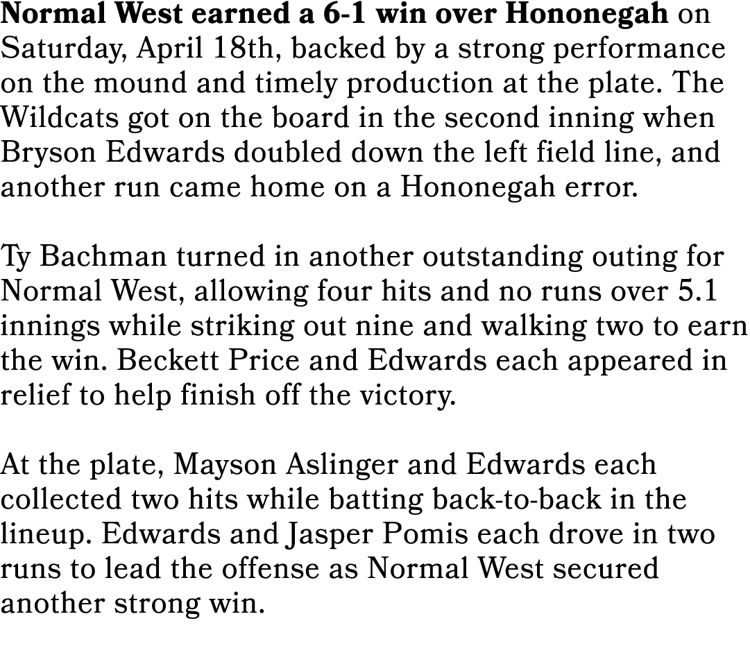 Normal West earned a 6 1 win over Hononegah on Saturday, April 18th, backed by a strong performance on the mound and ...