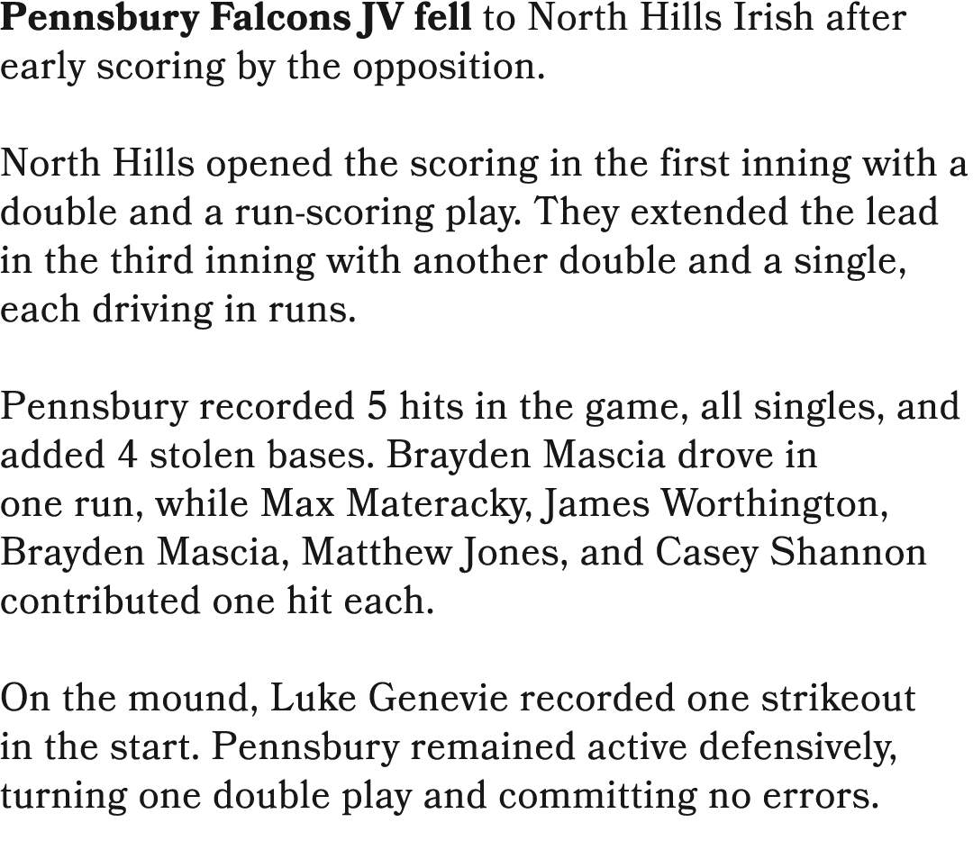 Pennsbury Falcons JV fell to North Hills Irish after early scoring by the opposition. North Hills opened the scoring ...