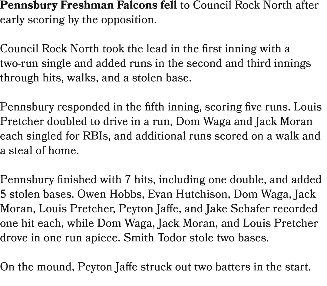 Pennsbury Freshman Falcons fell to Council Rock North after early scoring by the opposition. Council Rock North took ...