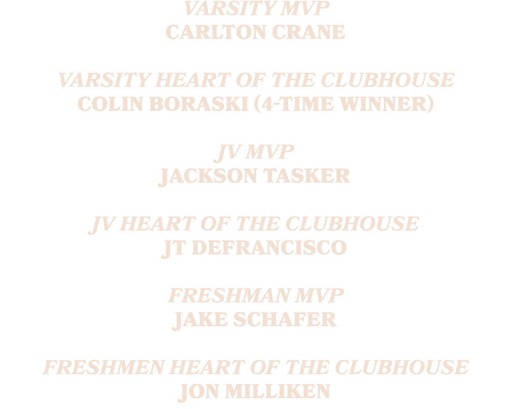 Varsity MVP Carlton Crane Varsity heart of the clubhouse colin boraski (4 time winner) jv mvp Jackson Tasker jv heart...