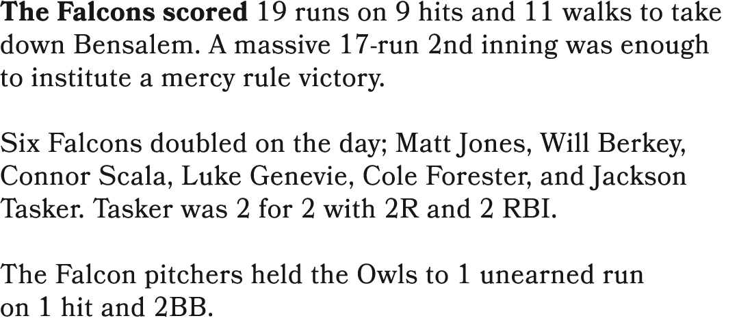 The Falcons scored 19 runs on 9 hits and 11 walks to take down Bensalem. A massive 17 run 2nd inning was enough to in...