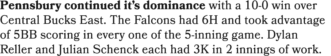 Pennsbury continued it’s dominance with a 10 0 win over Central Bucks East. The Falcons had 6H and took advantage of ...
