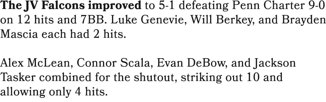The JV Falcons improved to 5 1 defeating Penn Charter 9 0 on 12 hits and 7BB. Luke Genevie, Will Berkey, and Brayden ...