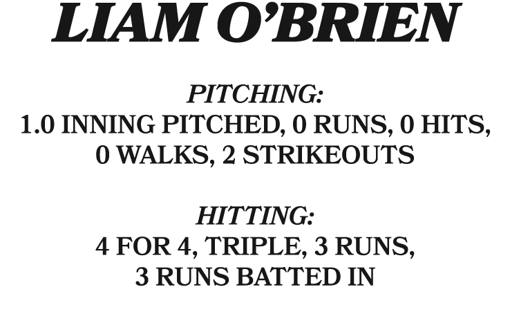 Liam o’Brien pitching: 1.0 inning pitched, 0 runs, 0 hits, 0 walks, 2 strikeouts hitting: 4 for 4, triple, 3 runs, 3 ...