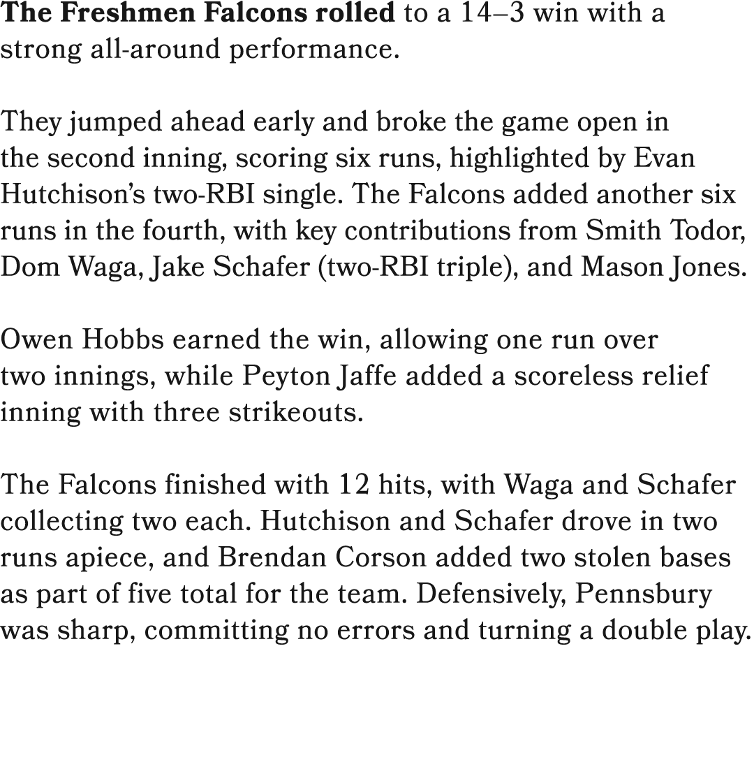 The Freshmen Falcons rolled to a 14–3 win with a strong all around performance. They jumped ahead early and broke the...