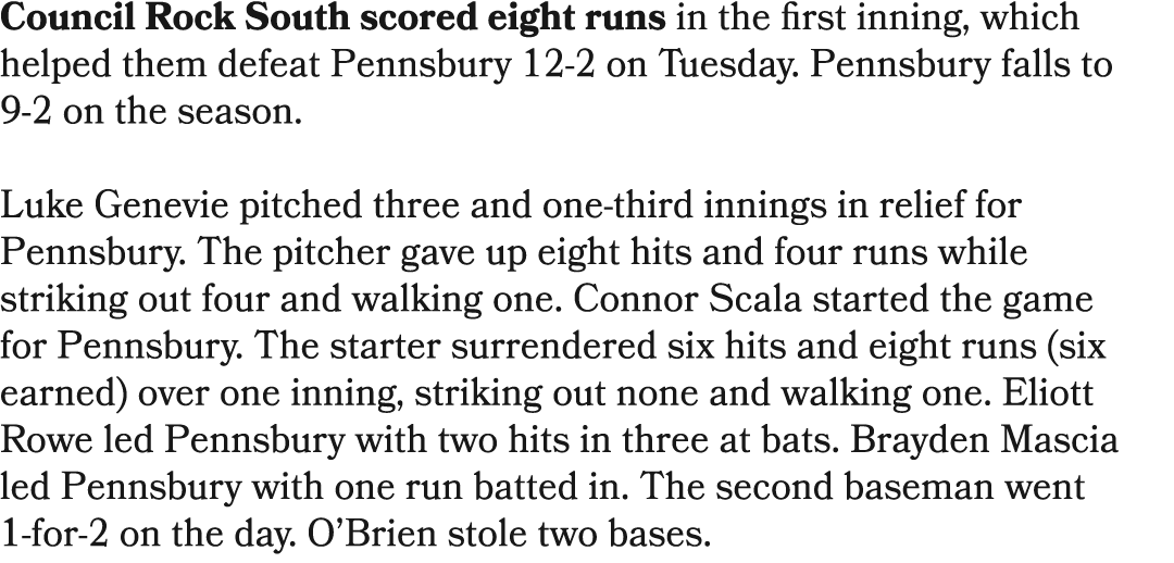 Council Rock South scored eight runs in the first inning, which helped them defeat Pennsbury 12 2 on Tuesday. Pennsbu...