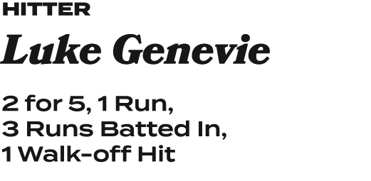 hitter Luke Genevie 2 for 5, 1 Run, 3 Runs Batted In, 1 Walk off Hit