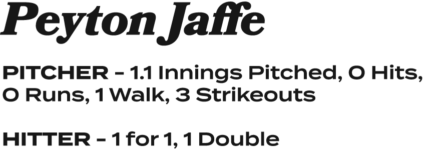 Peyton Jaffe PITCHER 1.1 Innings Pitched, 0 Hits, 0 Runs, 1 Walk, 3 Strikeouts HITTER 1 for 1, 1 Double