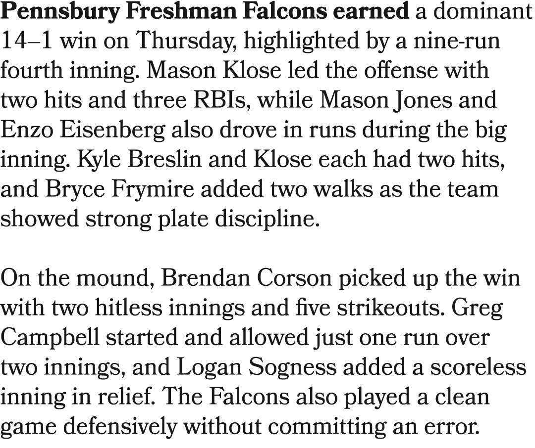 Pennsbury Freshman Falcons earned a dominant 14–1 win on Thursday, highlighted by a nine run fourth inning. Mason Klo...