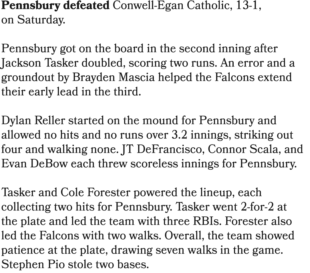 Pennsbury defeated Conwell Egan Catholic, 13 1, on Saturday. Pennsbury got on the board in the second inning after Ja...
