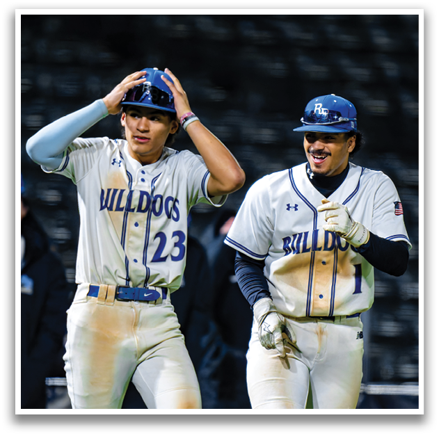 Two baseball players wearing white uniforms and blue caps are walking on the field. AI generated content