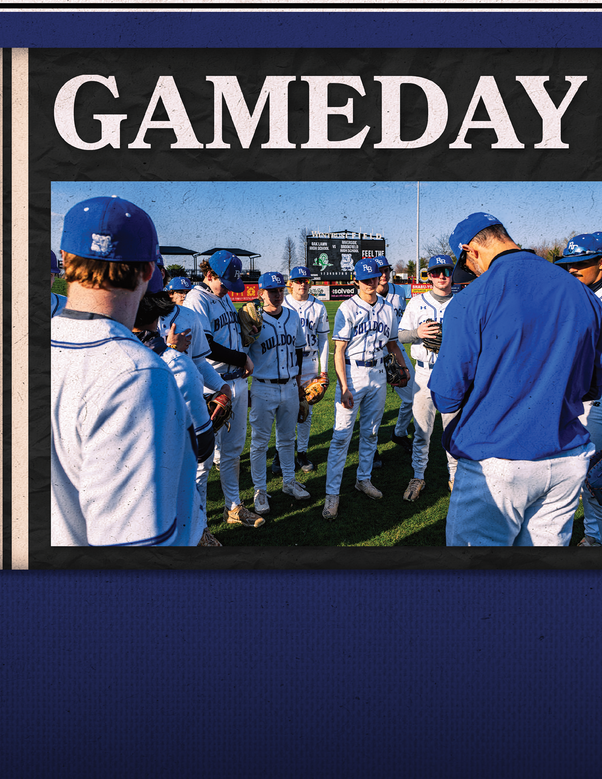 A group of baseball players wearing blue and white uniforms are gathered on the field. AI generated content