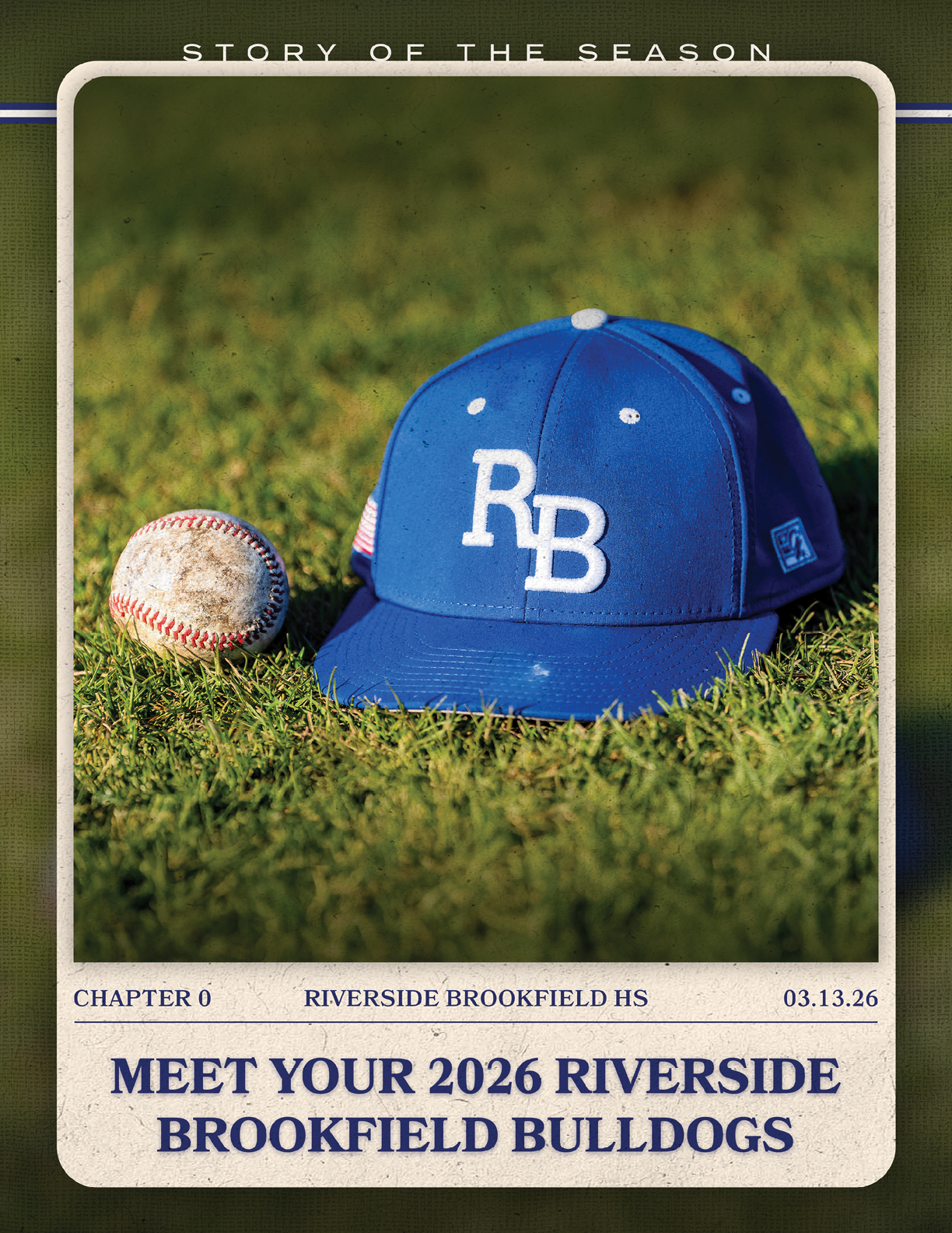 A blue baseball cap with the letters RB on it is sitting on a baseball field. AI generated content