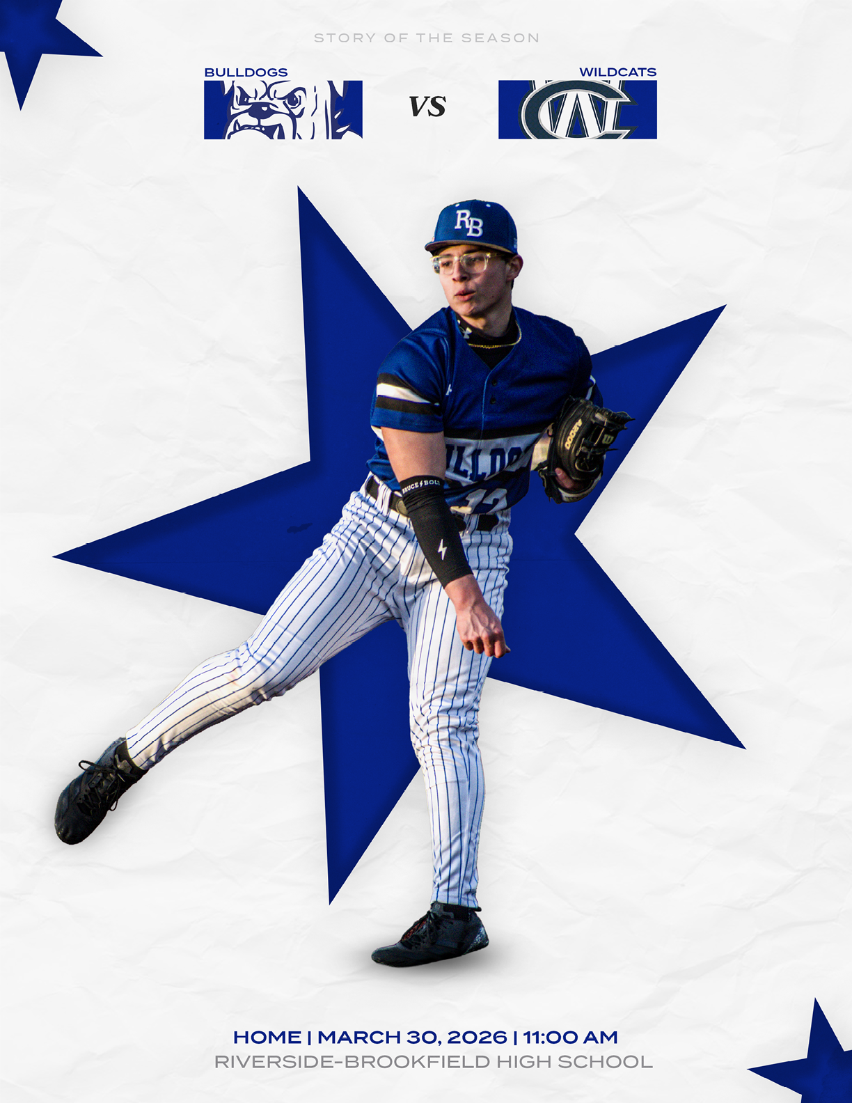 A baseball player in a blue and white uniform is shown on a poster. AI generated content