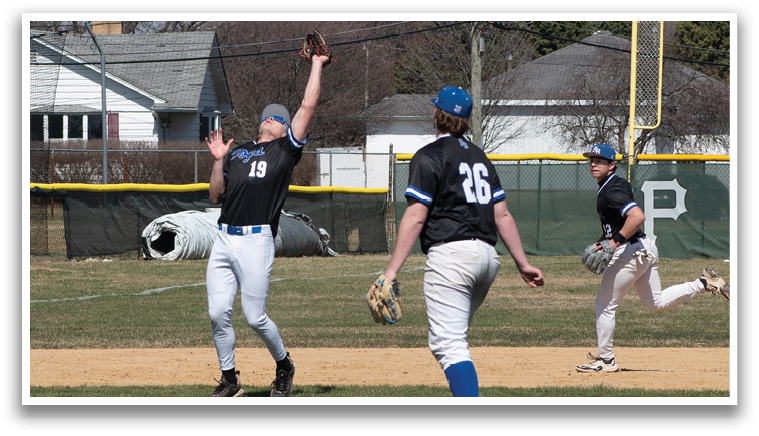 Three baseball players on a field, one of them catching a ball. AI generated content