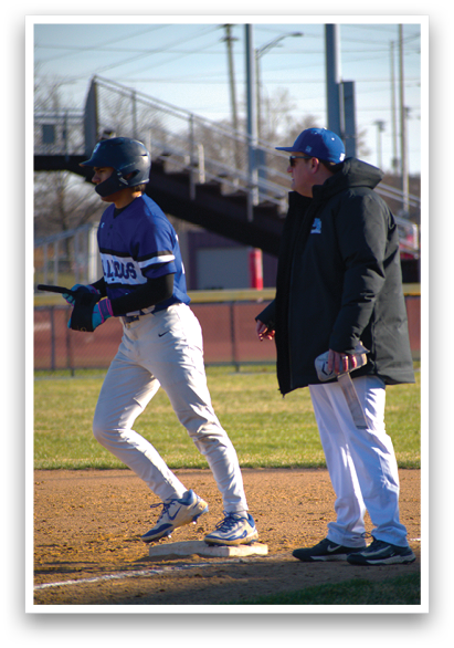 A baseball player is running towards a base while a coach watches. AI generated content