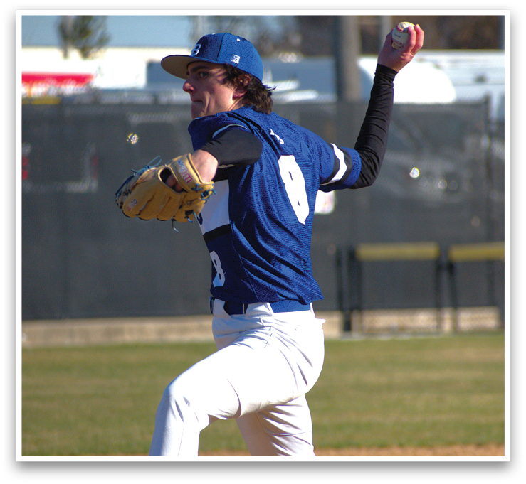 A baseball player in a blue and white uniform is pitching a ball. AI generated content