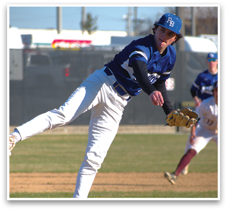 A baseball player in a blue and white uniform is pitching a ball on a field. AI generated content