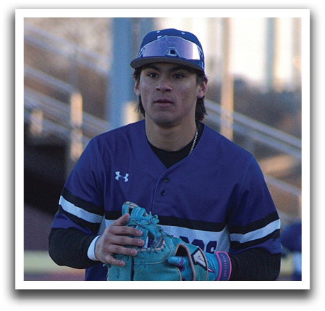 A baseball player wearing a blue and white uniform is holding a glove and standing on a field. AI generated content