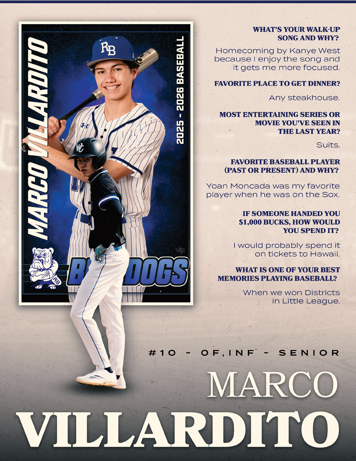 A baseball player named Marco Villarreal poses with a bat. AI generated content