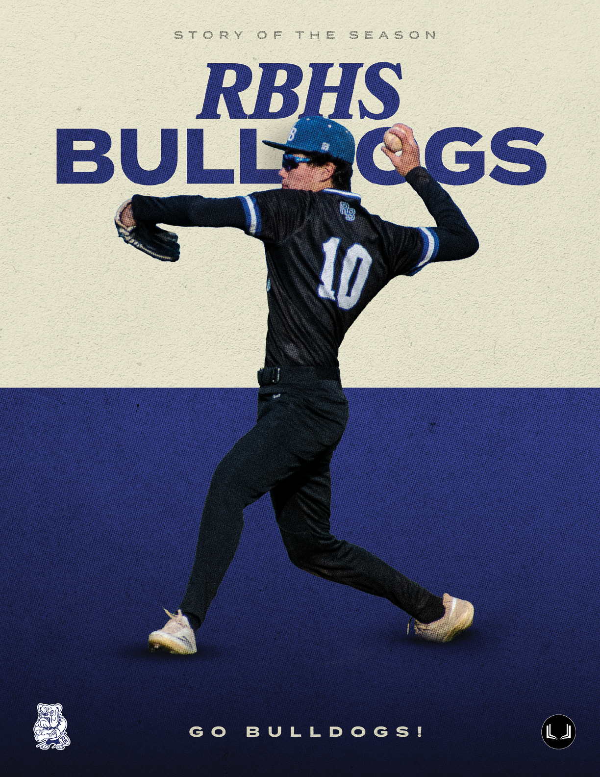 A baseball player wearing a black shirt and blue hat. Description generated by AI