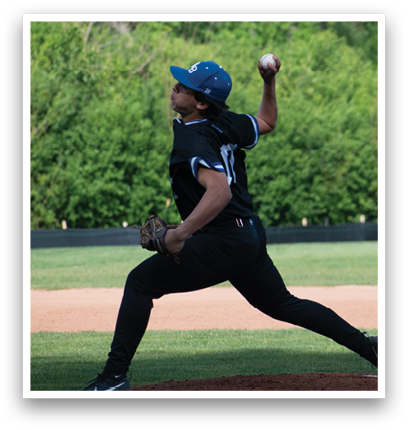 A baseball player in a black shirt and blue hat is pitching a ball. Description generated by AI